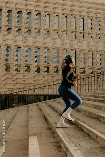 Woman exercises on stairs i...