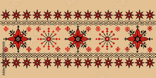 Seamless Ethnic Vector Pattern with Geometric Star and Flower Motifs., Traditional Folk Art Border Design in Red, Black, and Cream.