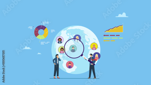 Businessman looking at big magnifier with customer group to see data analysis. Customer research for marketing, study user behavior or analyze target group for advertising and marketing.