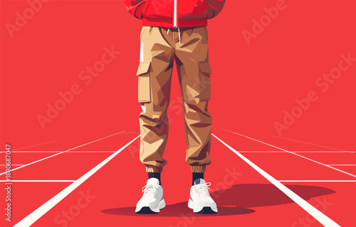 Sporty casual fashion legs on running track with red background and copy space
