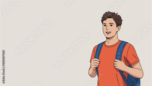 Young man with backpack standing casually on neutral background with copy space
