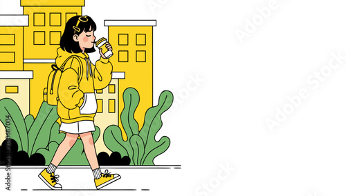 Young woman walking in city while drinking coffee with copy space
