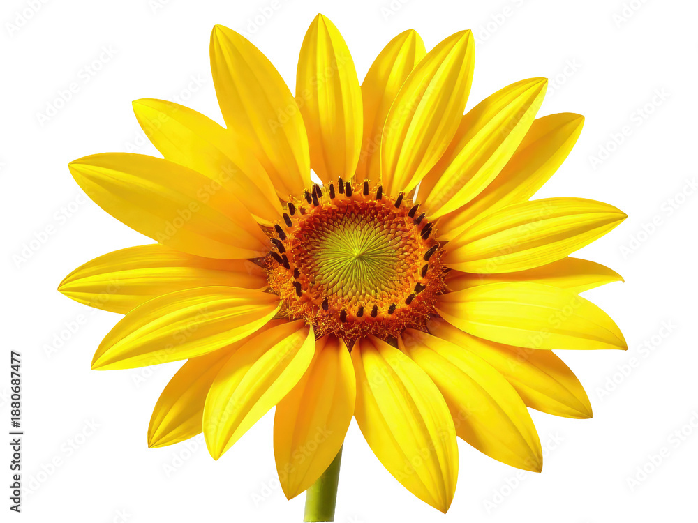 Naklejka premium A single bright yellow flower with a green center on a clean white background