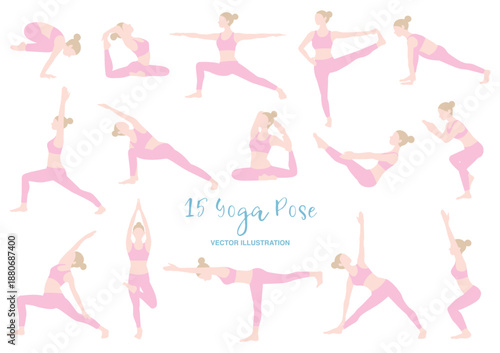 15種類のヨガポーズをする女性のイラスト