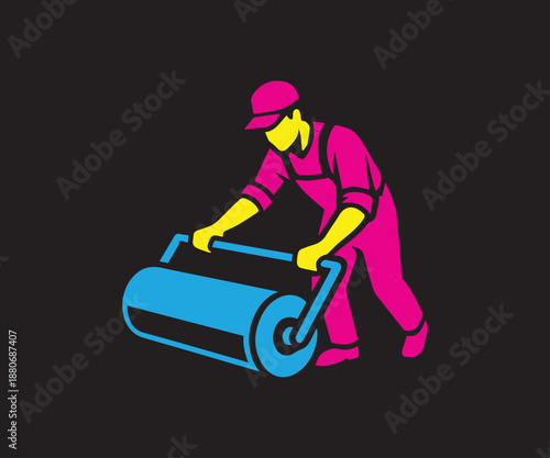 Construction worker rolling a large floor roller on black background vector illustration