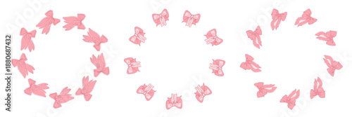 Circle frames with vintage romantic bows for Valentine's Day and baby shower party. Hand drawn wreath with blank copy space for text. Vector illustration for cards, invitations, packaging, branding