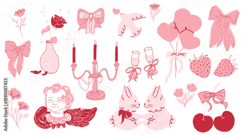 Valentine' Day vintage decorative elements set in doodle whimsical style with heart, bow, flower, rabbits, cherub, candelabra. Cute love symbols collection for cards, packaging, stickers, social media