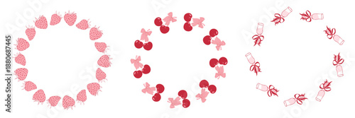 Circle frames set with vintage romantic strawberry, cherry, champagne glasses for Valentine's Day. Hand drawn wreath with copy space. Vector illustration for cards, invitations, packaging, branding