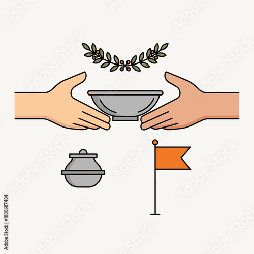 Giving bowl with laurel wreath above, food pot and flag suggesting charity or community sharing