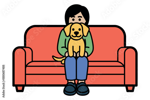 Woman Sitting on Red Couch with Yellow Dog in Her Lap, Cartoon Illustration