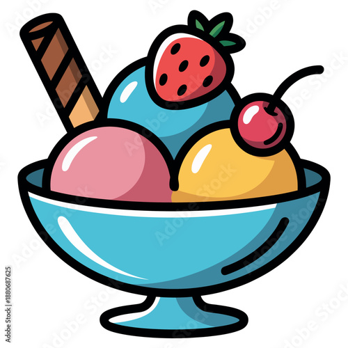 Colorful Cartoon Ice Cream Sundae with Fresh Fruits and Wafer Stick in Blue Bowl