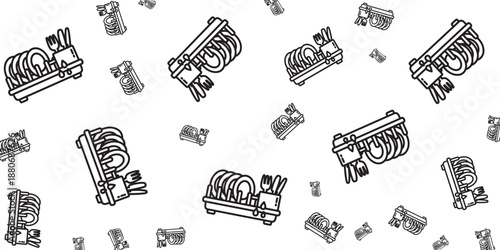 Seamless pattern with dish rack and utensils, kitchenware arrangement