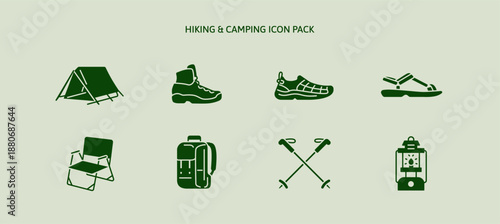 Hiking backpack trail, climbing icon set with camping equipment shoes, boots, tent, trekking poles, camp sandal, folding chair, lamp. Recreation journey, outdoor activities. Adventure travelling icons