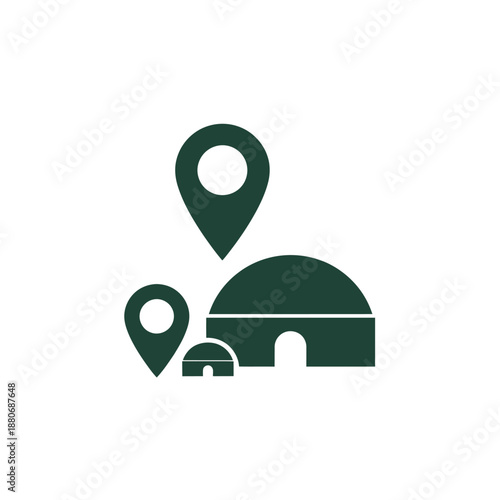Green location pins and dome-shaped structures, indicating map markers for settlements or sites