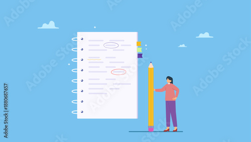 A woman holding pencil with notebook or notepad for taking note. Taking note for study and work, efficient way for important information, summary or conclusion, planning or productivity.