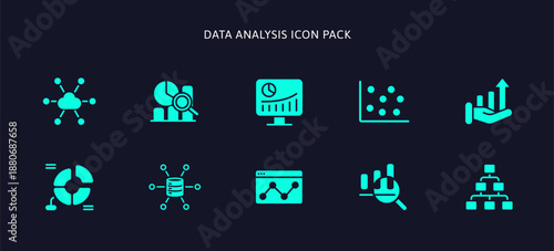 Minimal icon set of data analysis icons vectors: Analyst diagram , analytics research chart , analyze statistic , cloud computing network, AI algorithm workflow , improvement graph. UX process icon.