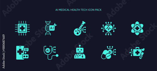 Ai Medical Health Tech icons for future health care innovation technology. DNA genetic, telemedicine, stemcell, biotechnology research and analyze by artificial intelligence tech. Glyph icon set.