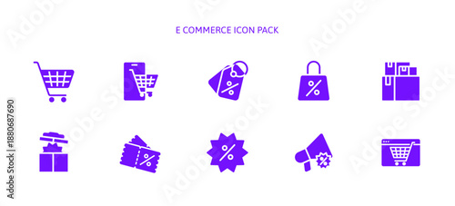 E commerce online shopping icon set for marketing offer in special promotion advertising including coupon sale price tag, black friday discount, retail shop delivering , Shopping cart, Glyph icons.