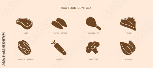 Raw food icon set including meat,chicken breast, beef, t bone, cabbage, carrot, broccoli, almond for health care cooking. Protein and vitamin fiber clean food for healthy nourishment glyph icons.