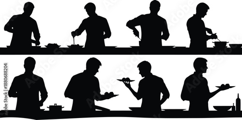 Set of 8 Chef Cooking and Serving Silhouettes Vector