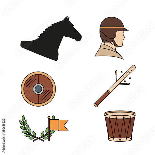 Historic symbols include horse head silhouette, warrior helmet, ancient shield, drum with flag