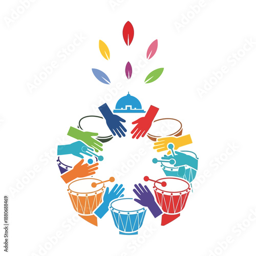 Diverse hands united in circle around drums, symbolizing global music collaboration