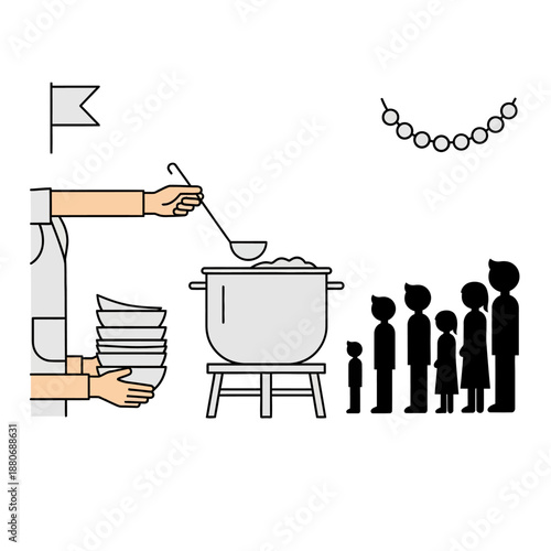 Soup kitchen serving line with volunteer ladling food into bowls for people queueing