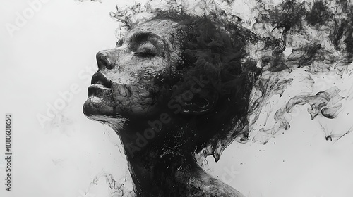 Dark fantasy silhouette of ghostly man's head looking up in black ink smoke on white background, high contrast panoramic visual