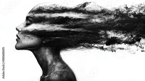 Dark fantasy silhouette of ghostly man's head looking up in black ink smoke on white background, high contrast panoramic visual