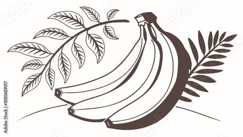 Brown illustration of bananas with leaves on white background