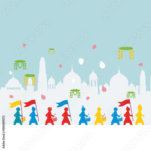 Parade procession with silhouetted figures carrying flags and drums against a cityscape