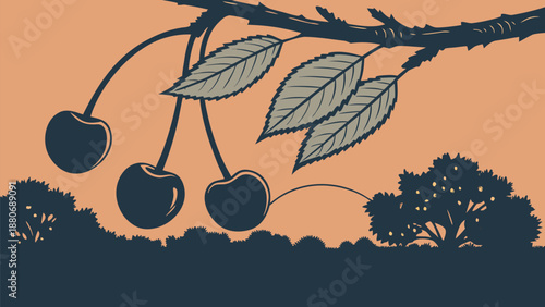 Vibrant illustration of cherries on a tree branch with lush foliage