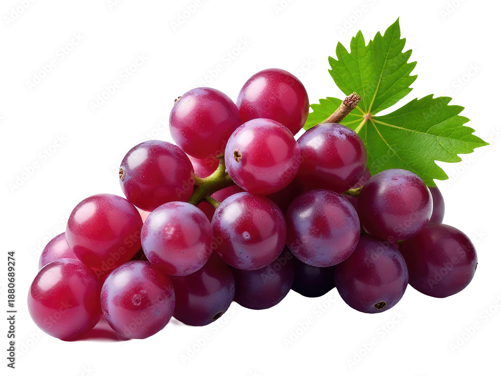 Fototapeta premium Fresh red grapes accompanied by a single green leaf, perfect for food or nature photography