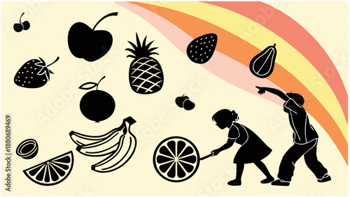 Children play with fruit wheelbarrow under colorful rainbow