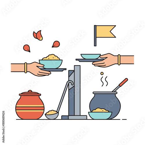 Serving food with rice bowls and pots at a community event or buffet