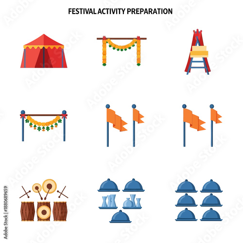 Festival preparation elements including tent, flags, drums, and serving platters for an event