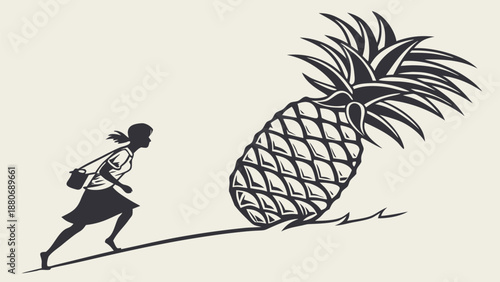 Determined businesswoman runs with giant pineapple in dynamic motion