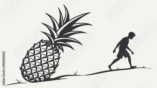 Man walking beside large pineapple in silhouette