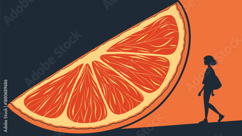 Woman walks beside giant orange slice in modern art style