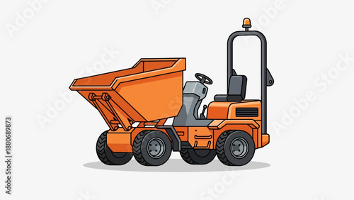 Orange industrial dumper truck with a raised bucket and safety frame
