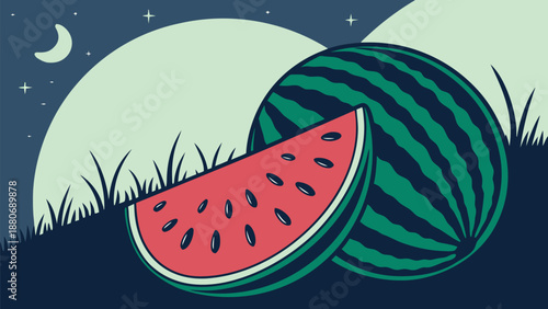 Vibrant watermelon slice and whole under moonlight at night
