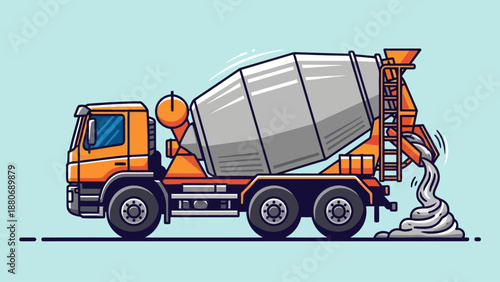 Orange concrete mixer truck pouring grey cement