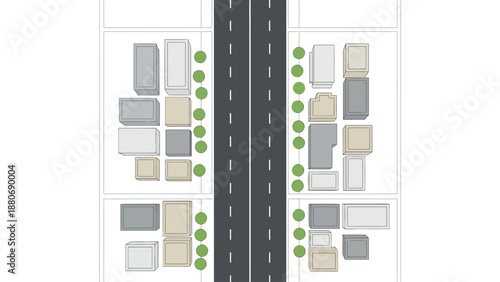 Overhead view of a city street with buildings and trees