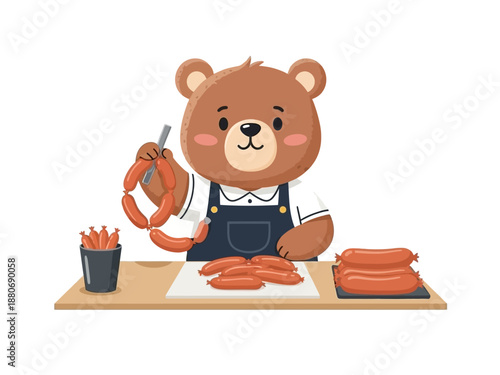 Cartoon bear preparing seafood meal.