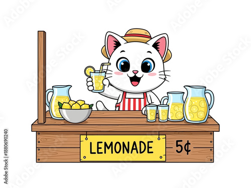 Cartoon cat selling fresh lemonade drink.