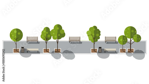 Overhead view of a park pathway with trees benches and trash cans