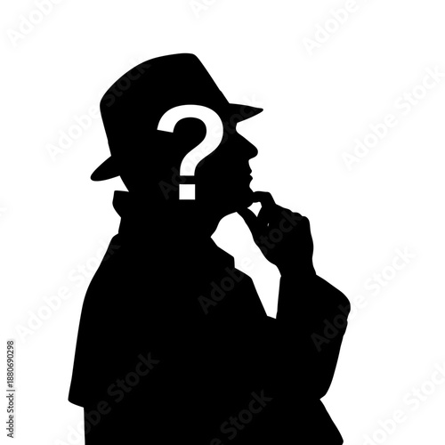 Silhouette of a man wearing a hat with a question mark.