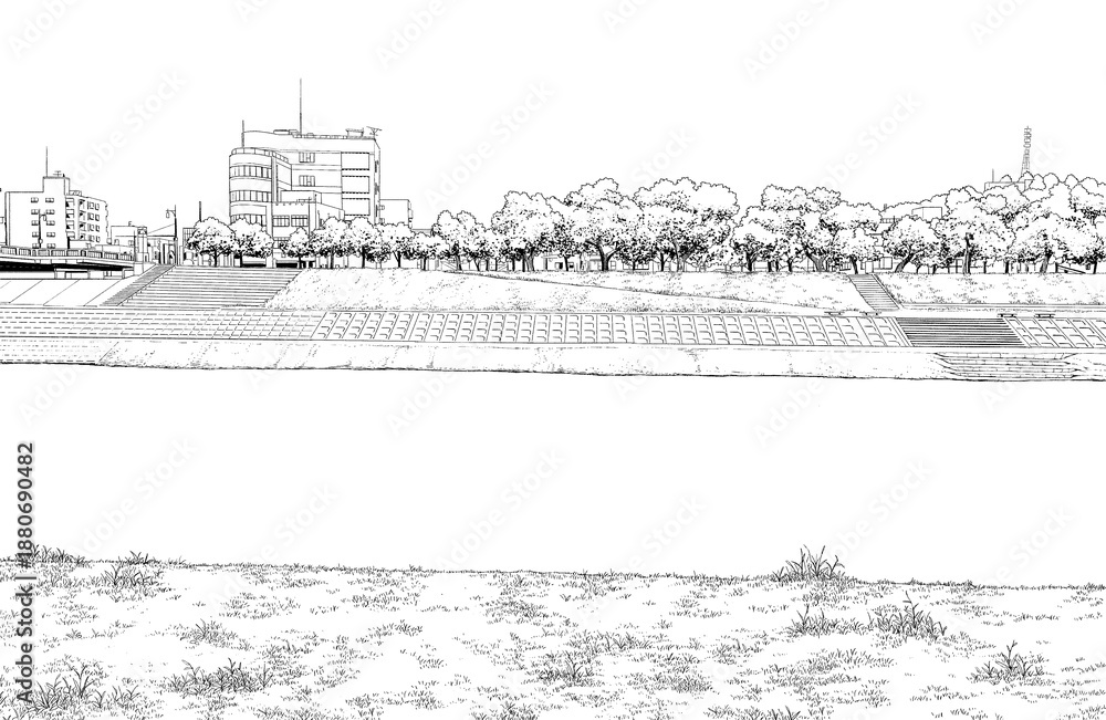 Fototapeta premium 漫画風ペン画イラスト 公園_河川敷