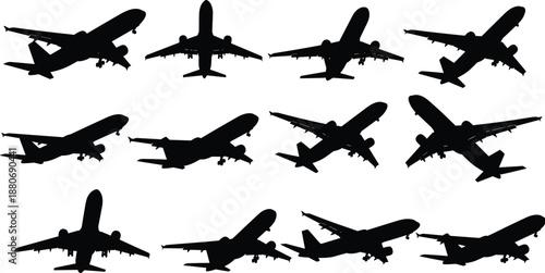 Collection of airplane silhouettes set, commercial passenger aircraft in flight and landing positions isolated on white background, aviation travel, transportation industry vector illustration
