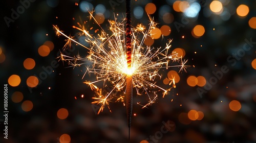 Close-up of sparkler burning in dark with light beams and bokeh effect, festive concept for New Year's Eve celebration and events